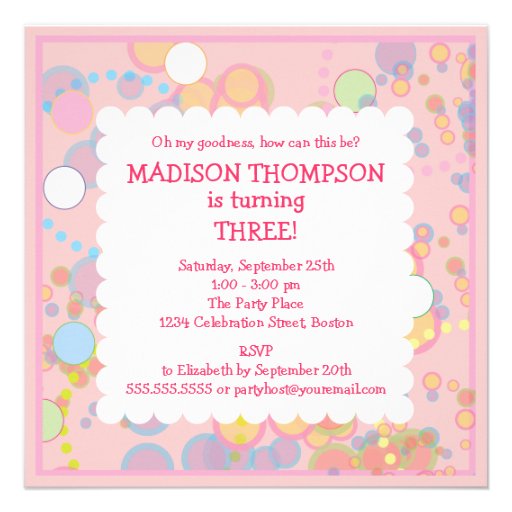 Colorful Bubbles 3rd Birthday Party Invitation
