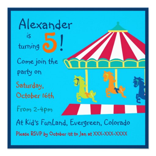 Colorful carousel kids birthday party invitations