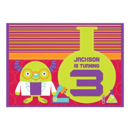 Colorful Cartoon Mad Scientist 3rd Birthday Party Personalized Announcements
