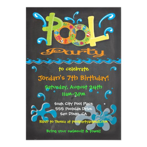 Colorful Chalkboard Pool Party Invitations (front side)