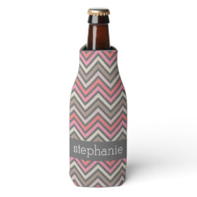 Colorful Chevrons Pink Coral Gray Custom Name Bottle Cooler