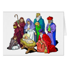 Colorful Christmas Nativity Scene Greeting Cards