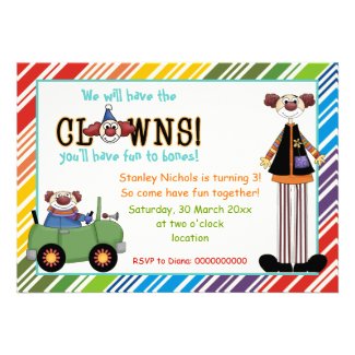 Colorful clown striped border kids birthday custom invites