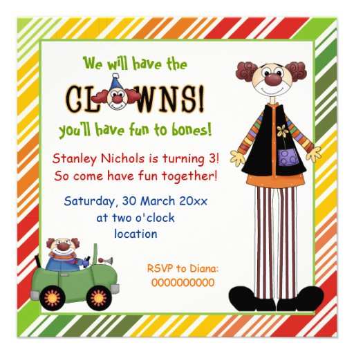 Colorful clown striped border kids birthday invitations