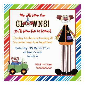 Colorful clown striped border kids birthday personalized invite