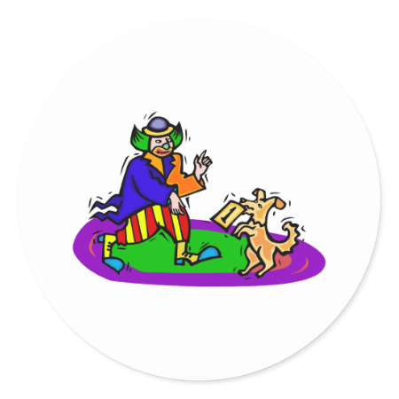Colorful clown with dog classic round sticker