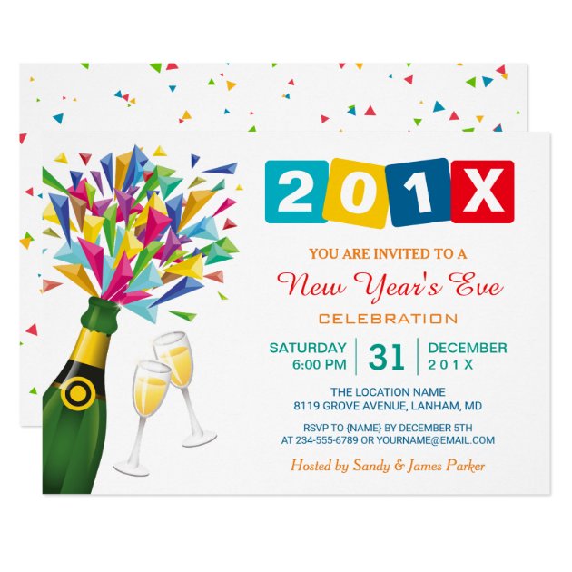 Colorful Confetti Cheers New Year's Eve Party Card (front side)