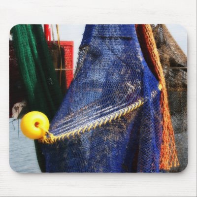 Colorful crabbing fishing nets and floats, florida mousepads by SusansZooCrew. Close up of a blue colorful fishing crabbing net with a yellow float and red
