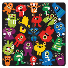 Colorful Crazy Fun Monsters Creatures Pattern Square Wallclocks
