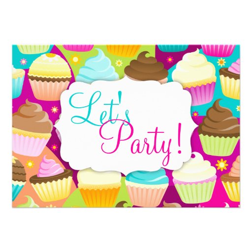 Colorful Cupcakes "Let's Party" Invitations