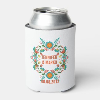 Colorful Cute Colorful Retro Floral Wreath Can Cooler