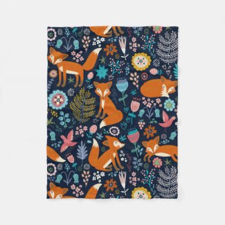 Colorful Cute Flowers & Foxes Pattern Fleece Blanket