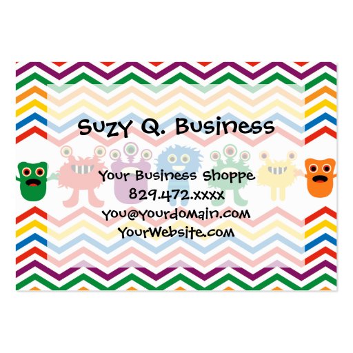 Colorful Cute Monsters Fun Chevron Striped Pattern Business Cards (front side)