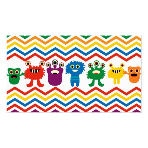 Colorful Cute Monsters Fun Chevron Striped Pattern Business Card (front side)