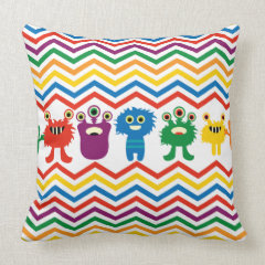 Colorful Cute Monsters Fun Chevron Striped Pattern Pillow