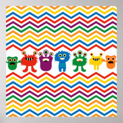 Colorful Cute Monsters Fun Chevron Striped Pattern Posters