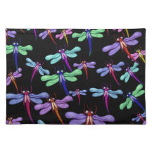 Colorful Dragonflies on Black Background Place Mats