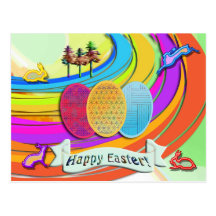 Colorful Easter Eggs and Bunny Rabbits Post Card