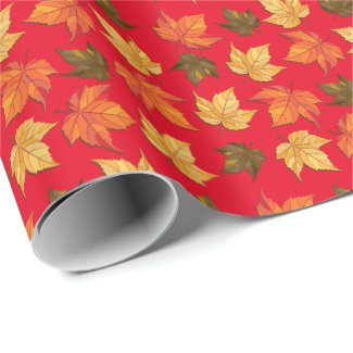 Colorful Fall Leafs On Red Background Wrapping Paper