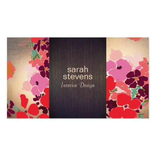 Colorful Floral Interior Designer Wood and Gold Business Card