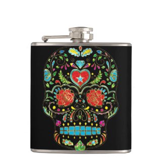 Colorful Floral Sugar Skull Glitter And Gold 2 Hip Flask