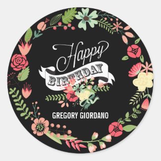 Colorful Floral Wreath Happy Birthday Classic Round Sticker
