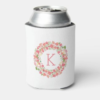 Colorful Floral Wreath Monogramed Can Cooler