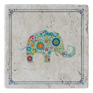 Colorful Flowers Cute Elephant Illustration Trivets