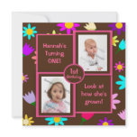 Colorful Flowers on Brown Photo First Birthday Personalized Invitation