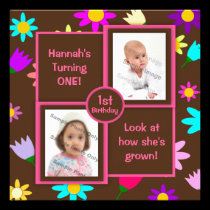 Colorful Flowers on Brown Photo First Birthday invitations