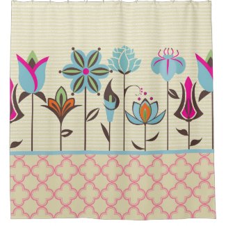 Colorful Flowers Over Beige Stripes Shower Curtain