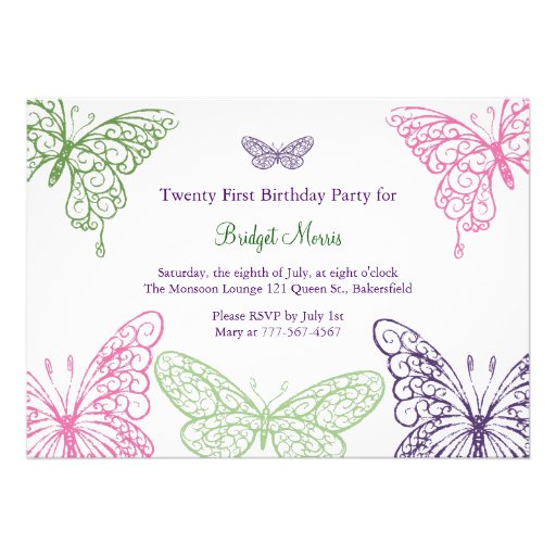 Colorful Fluttering Butterflies 21st Birthday Personalized Invitation