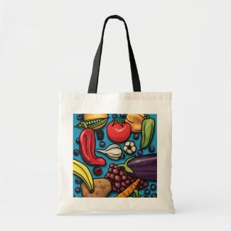 Colorful Fruits and Vegetables on Blue tote Canvas Bag