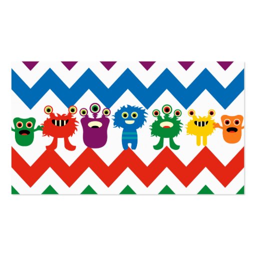Colorful Fun Monsters Cute Chevron Striped Pattern Business Card Template (front side)