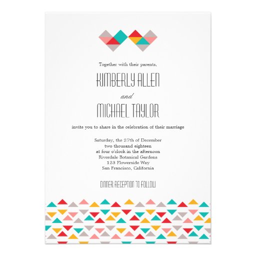 Colorful Geometric Triangle Hearts Wedding Personalized Invitations