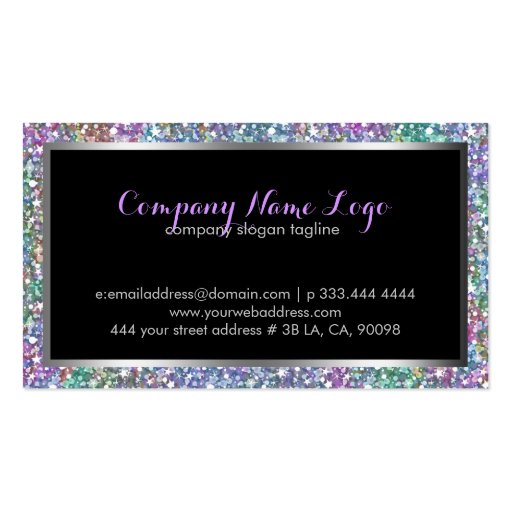 Colorful Glitter & Sparkles Silver Accents Business Card Templates (back side)