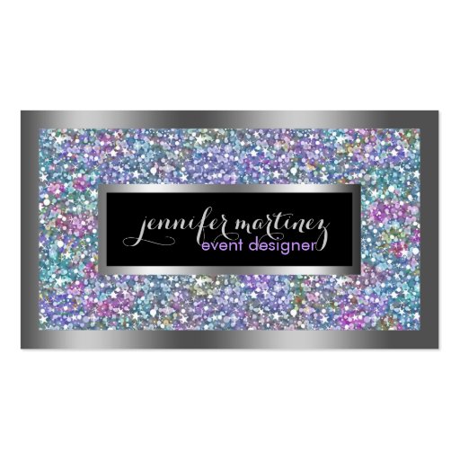 Colorful Glitter & Sparkles Silver Accents Business Card Templates (front side)