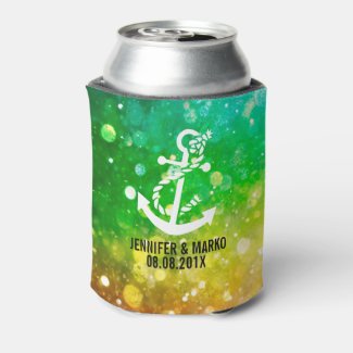 Colorful Glitter With Nautical Boat Anchor Can Cooler