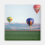 Colorful hot air balloons float over wheat refrigerator magnet