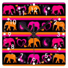 Colorful Hot Pink Orange Elephants Paisley Hearts Wallclocks