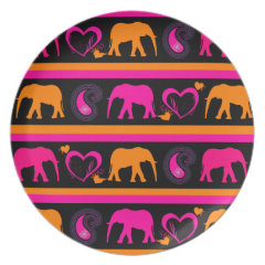 Colorful Hot Pink Orange Elephants Paisley Hearts Dinner Plates
