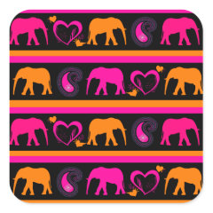 Colorful Hot Pink Orange Elephants Paisley Hearts Square Stickers