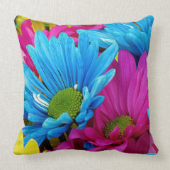Colorful Hot Pink Teal Blue Gerber Daisies Flowers Pillow