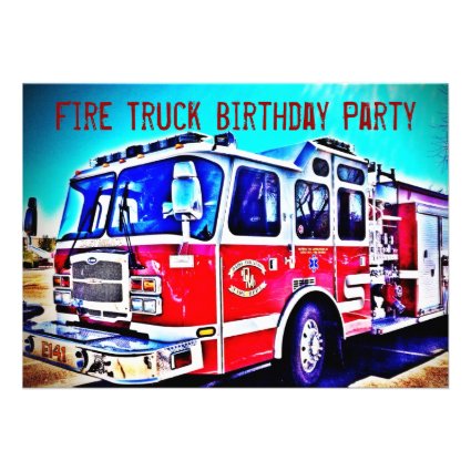 Colorful Kids Fire Truck Birthday Party Invitation