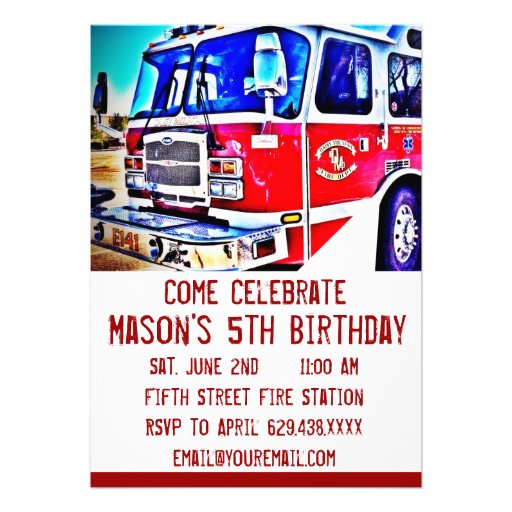 Colorful Kids Fire Truck Birthday Party Invitation