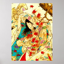 Colorful kimono and swirling maple leaves posters