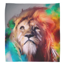 Colorful lion looking up Feathers Space Universe Bandana
