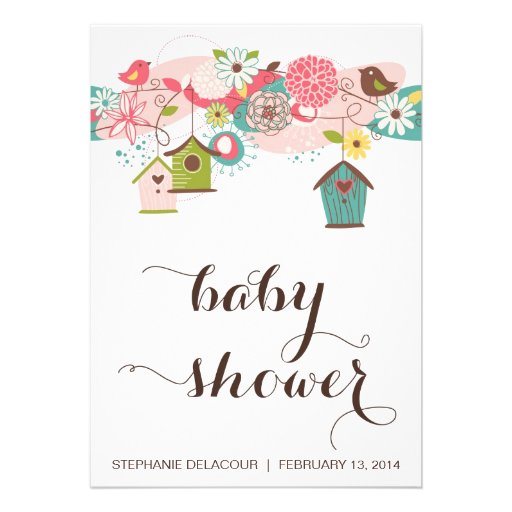 Colorful Love Birds and Bird Houses Baby Shower Announcement