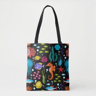 Colorful Marine Life Animals & Plants Pattern Tote Bag