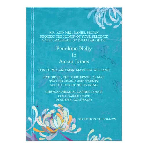 Colorful Mum Teal Floral Formal Wedding Invitation